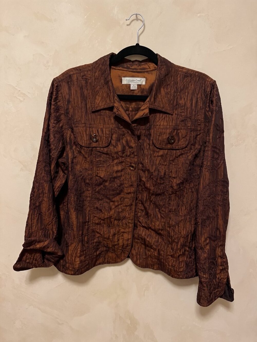 Coldwater Creek Metallic Copper / Bronze Crinkle Embroidered Button-Front Jacket